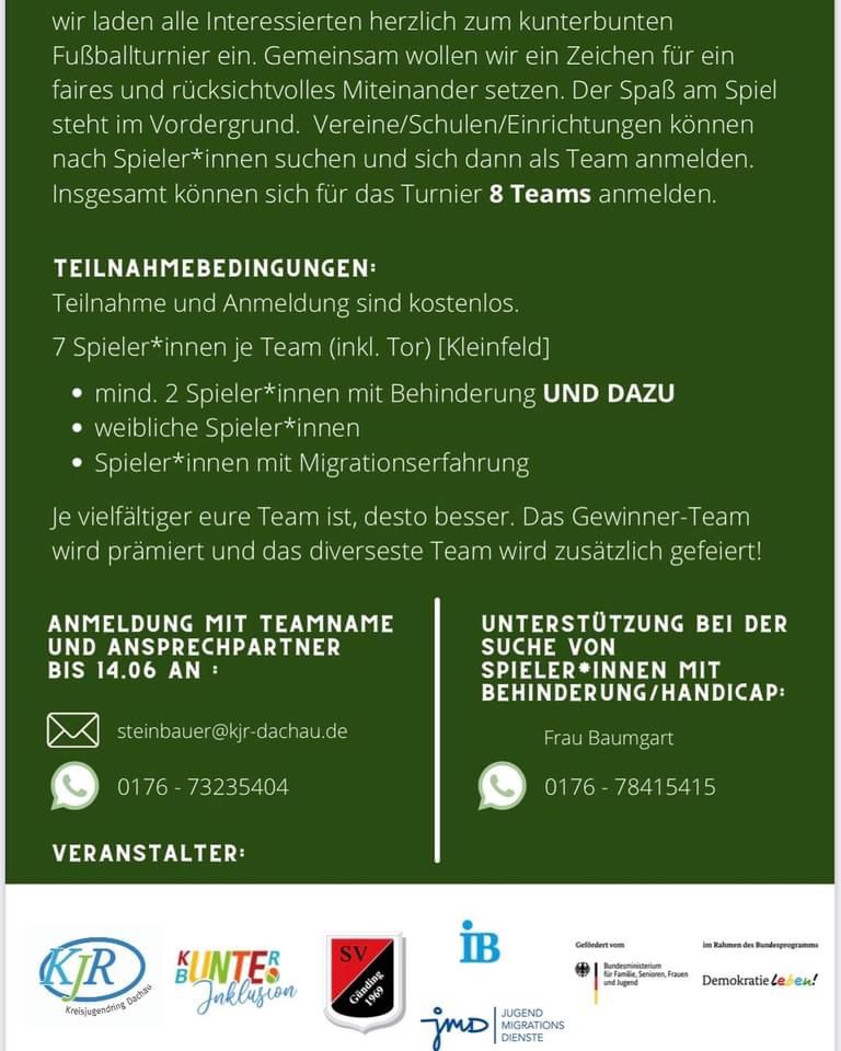 Teilnahmebedingungen für das Fussballturnier. Teilnahme und Anmeldung ist kostenlos. Ansprechpartner unter Telefonnummer 0176 73235404