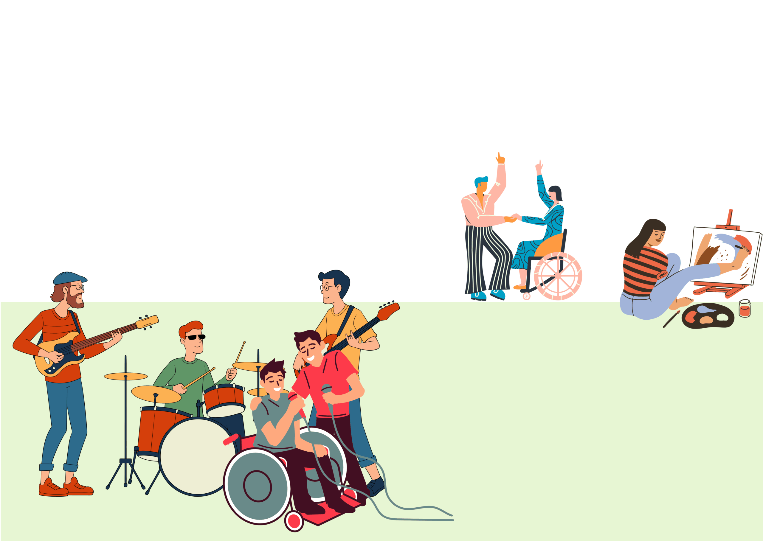 Verschiedene Aktivitäten werden gezeigt: eine Band macht Musik, eine Künstlerin malt ein Bild und Menschen treffen sich